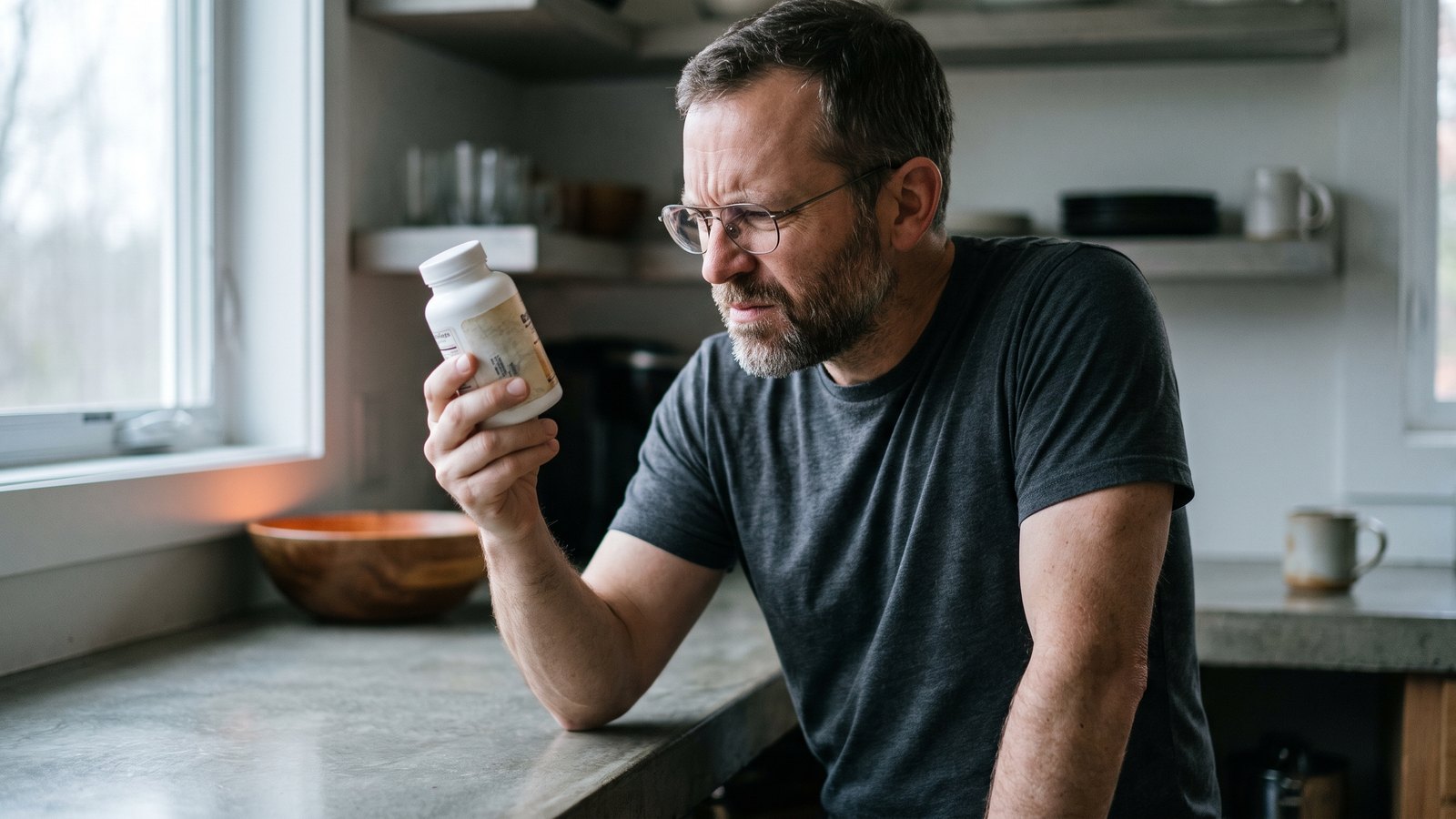 A man in his forties reading the label on a supplement bottle at a kitchen counter in morning light