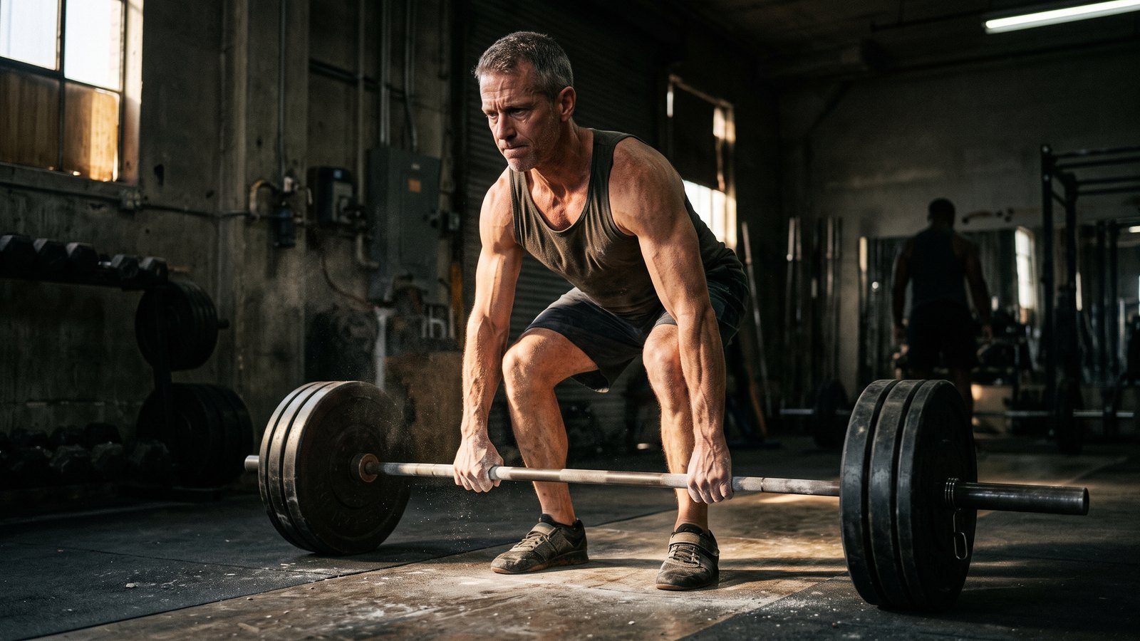 A lean, focused man in his forties gripping a loaded barbell in a dim, industrial gym under hard side light.