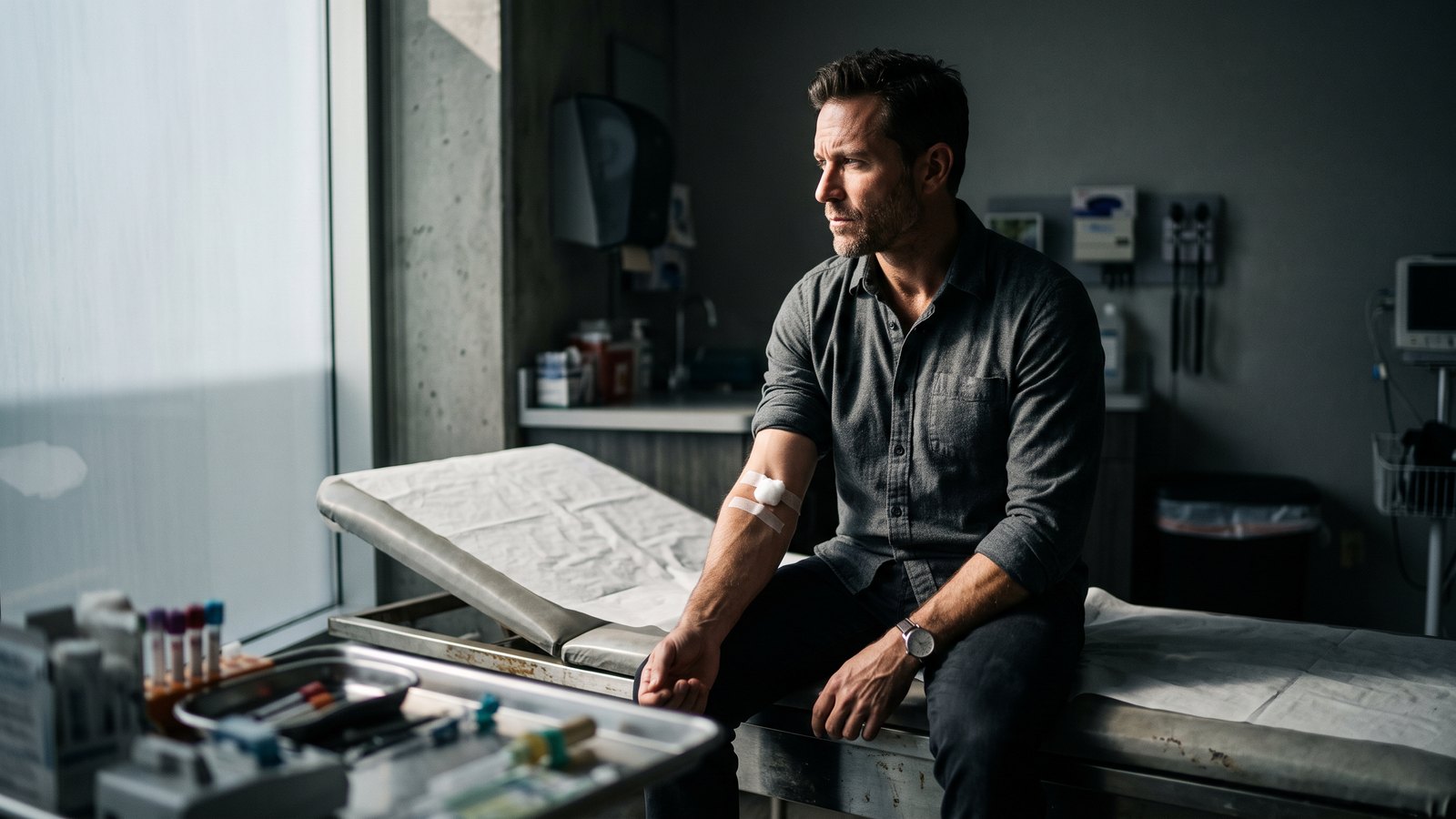 A man in his forties sitting on the edge of an exam table in a clinic, sleeve rolled up after a blood draw, looking out the window.