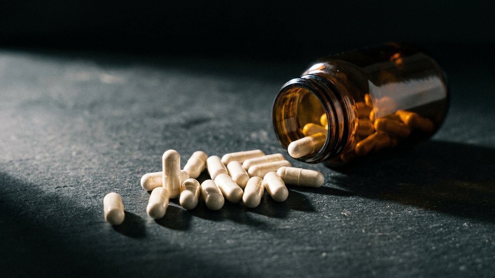 A dark countertop with an unlabeled amber supplement bottle tipped over and a scatter of capsules spilling out under hard side light.