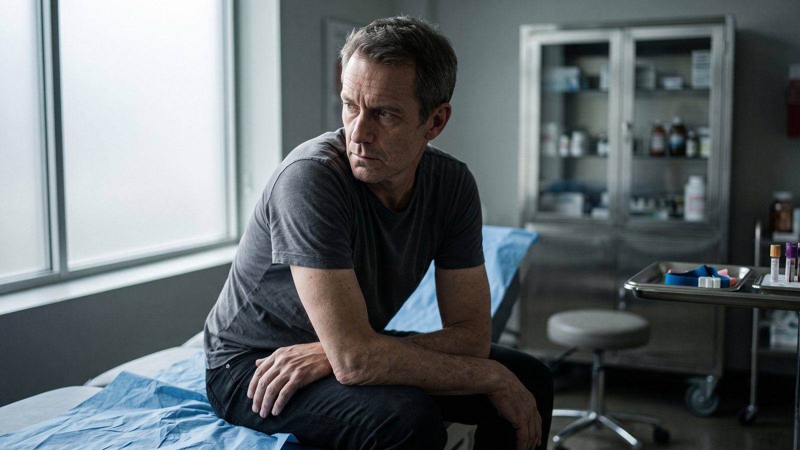 A serious middle-aged man sitting on an exam table in a clinic, forearms on his knees, waiting for lab results.