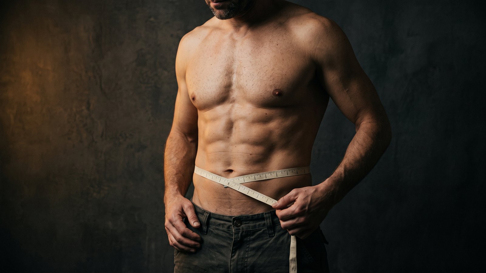 A lean, muscular man's midsection in a dim studio, a cloth tape measure wrapped around his waist, warm hard side light raking across the skin.