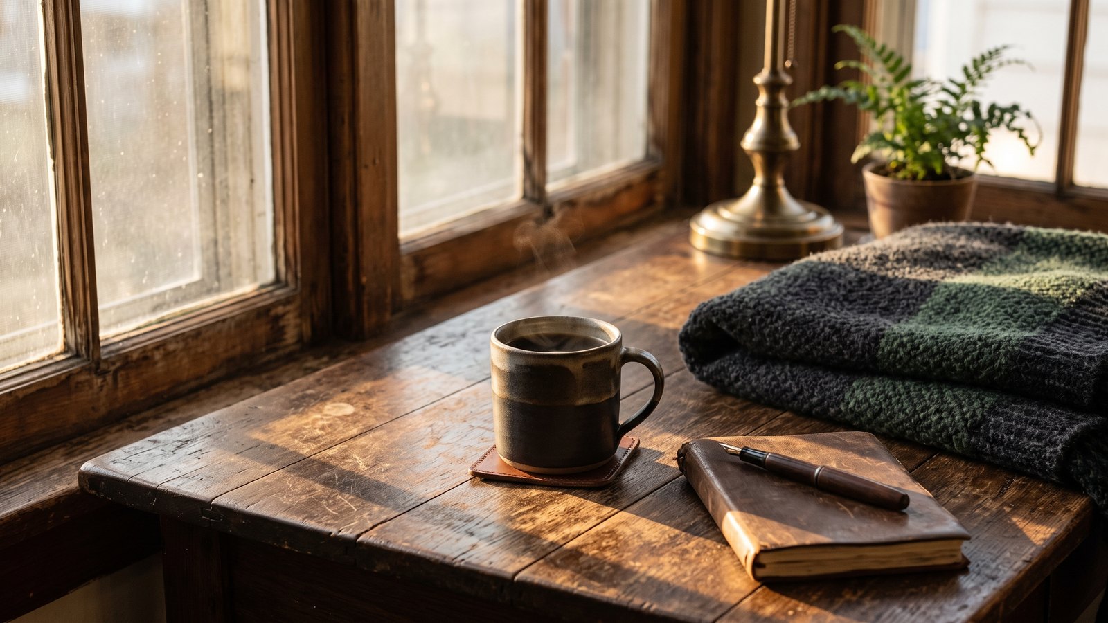 Warm early-morning sunlight streaming through a paned window onto a weathered dark-wood table and a plain ceramic mug.
