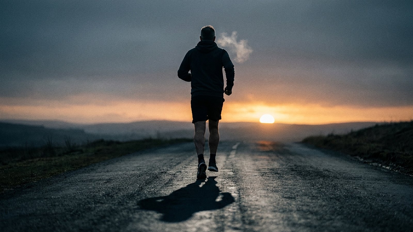 A lone man running hard up a steep empty road at dawn, breath visible in cold air, shot from behind in hard low light.