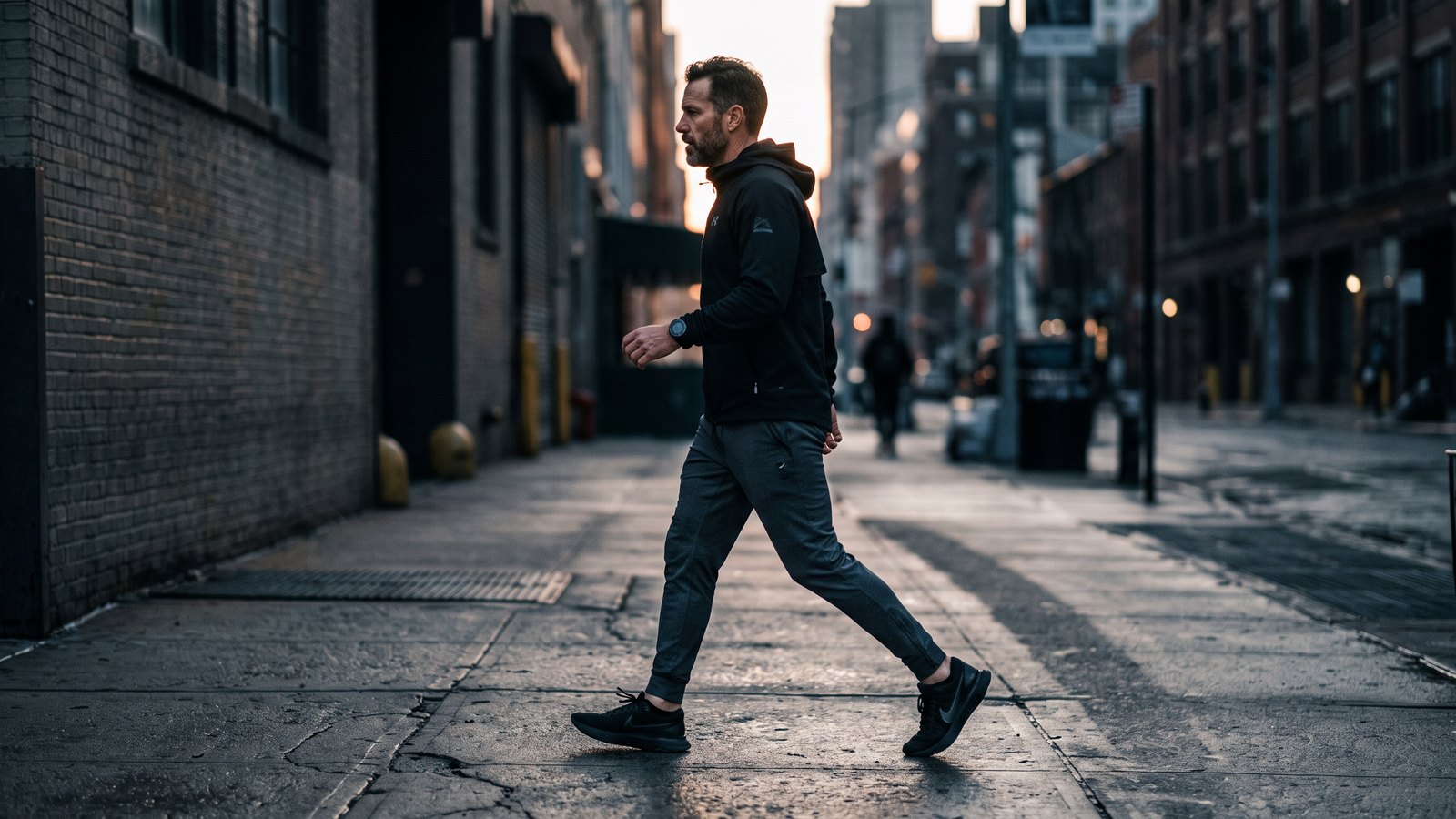 A man in his forties walking briskly along a city sidewalk in early morning light, wearing a fitness tracker