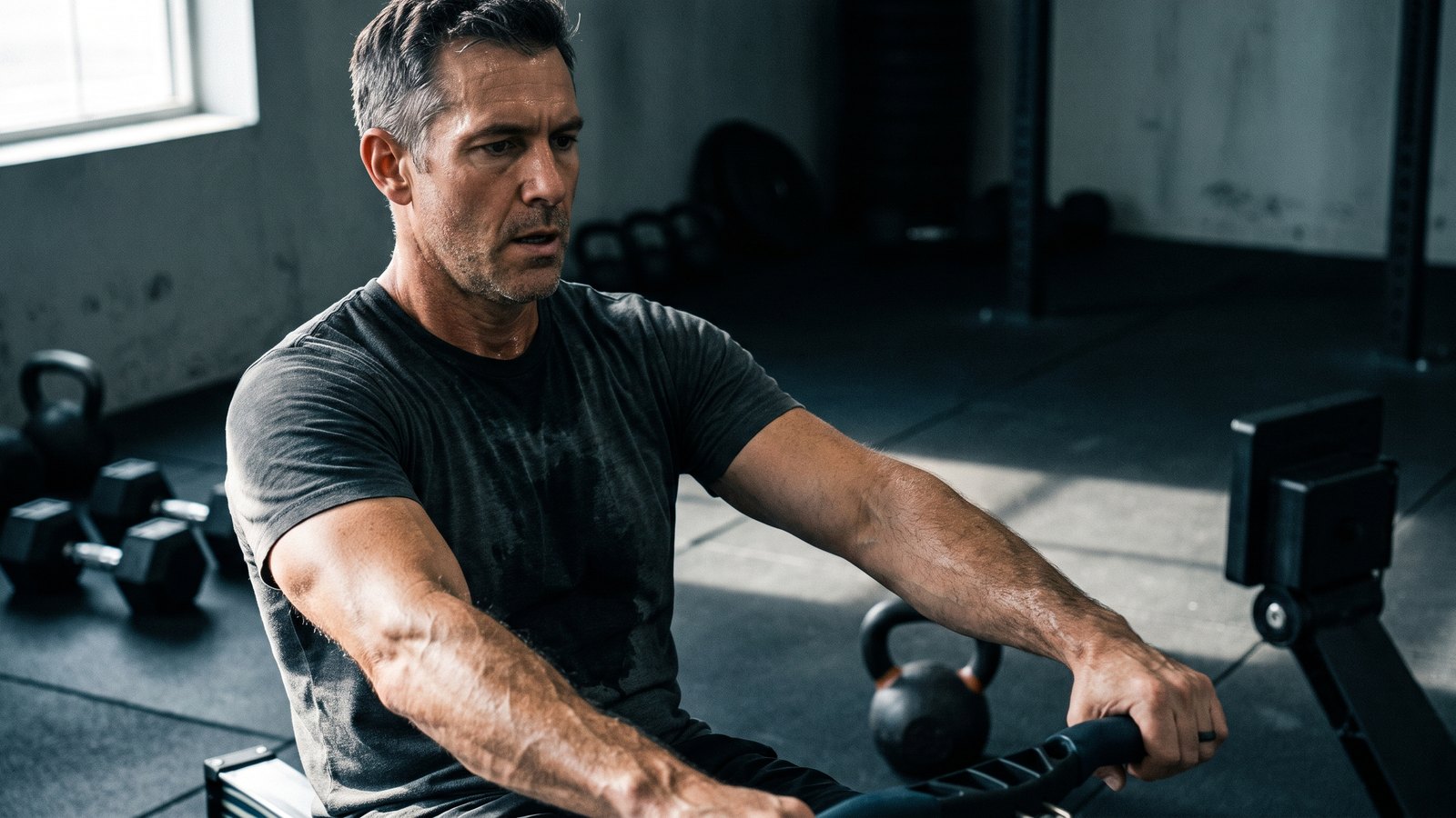 A fit man in his forties pulling hard on a rowing machine in a plain, dim gym, sweat on his shoulders, side light across his face.