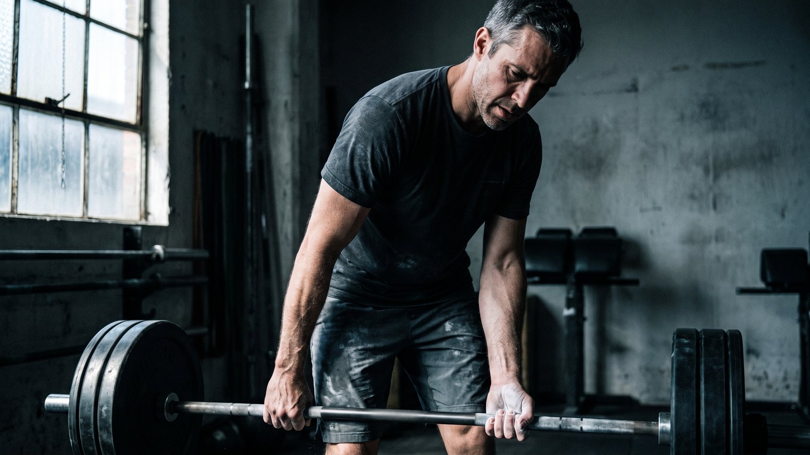 A fit man in his early forties mid-set in a plain gym, gripping a loaded barbell, hard side light across his shoulders.