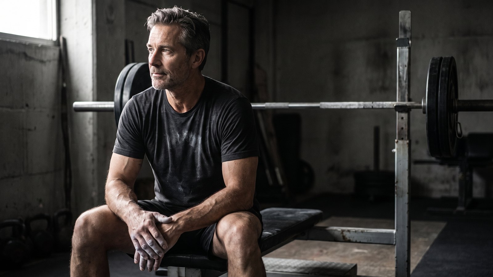 A lean man in his mid fifties sitting on a gym bench between sets, hard window light across his face, a loaded barbell racked behind him.