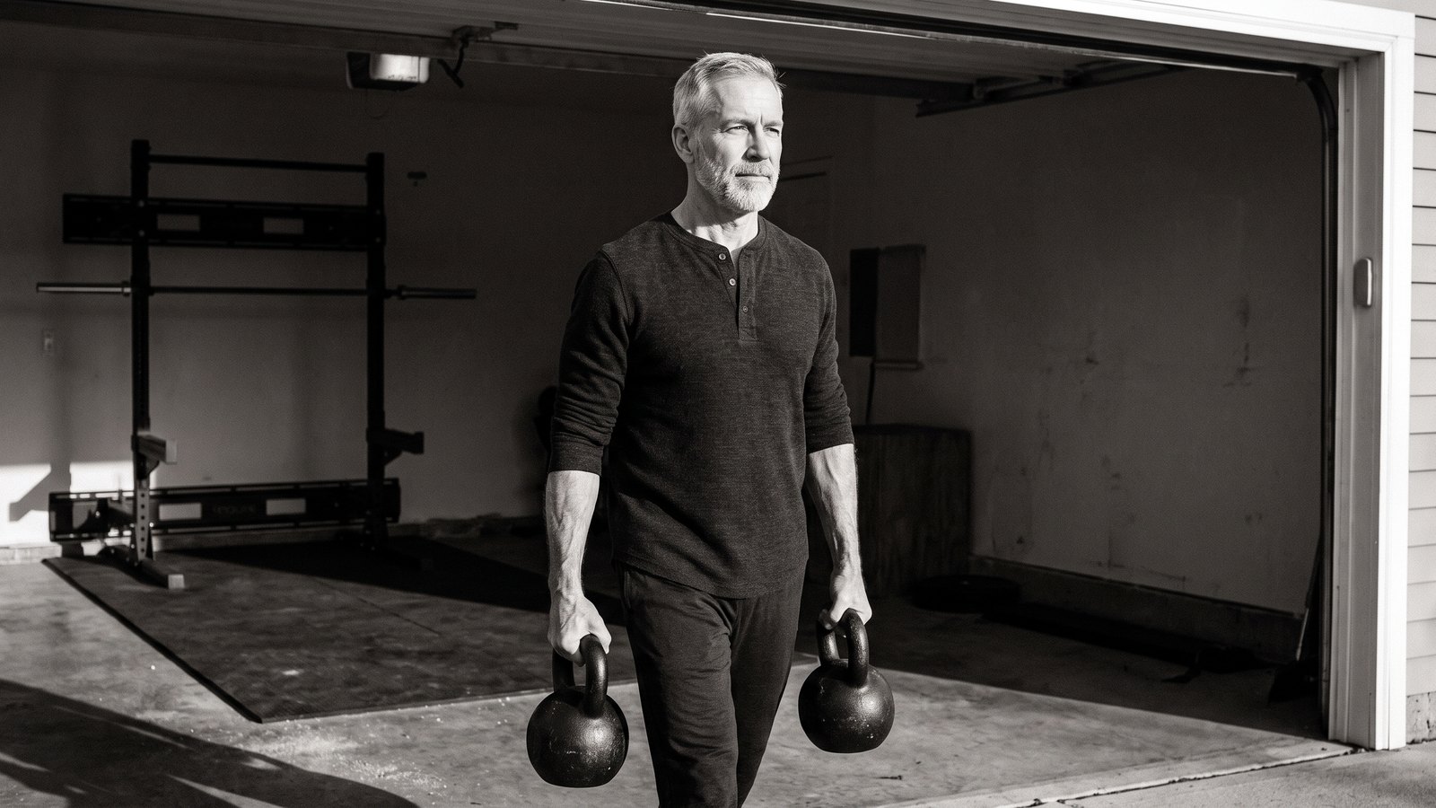 A fit man in his early sixties carrying two kettlebells across a sunlit garage gym, grey beard, steady and focused.