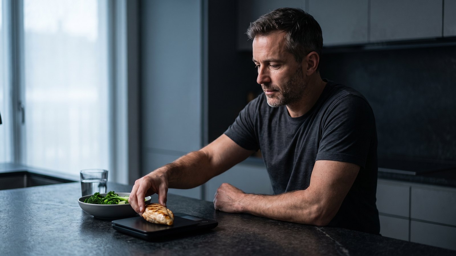 A man in his forties weighing a grilled chicken breast on a kitchen food scale at a dark stone counter, calm and focused.