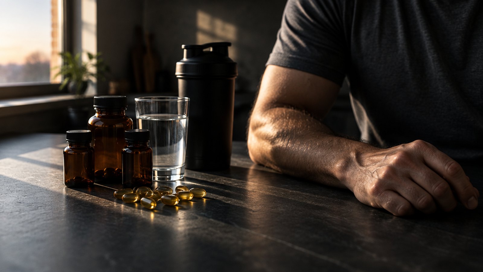 A man's hand resting on a dark kitchen counter beside unlabeled amber supplement bottles, vitamin capsules, a glass of water and a black shaker bottle.
