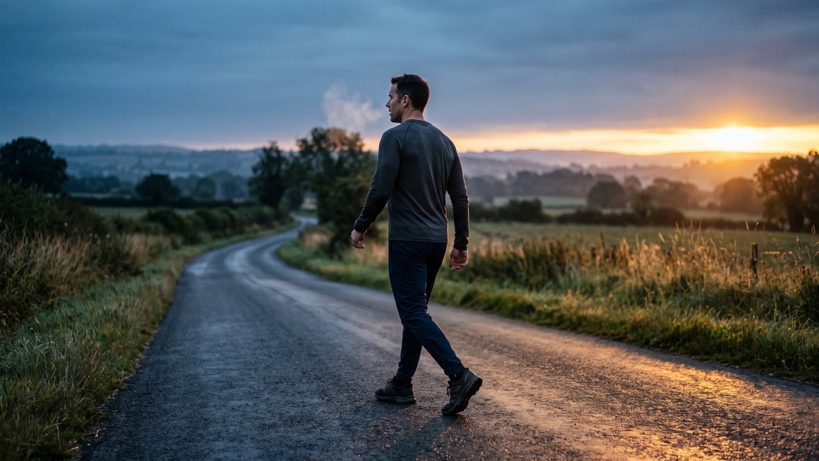 A man in his forties walking at a steady pace on a quiet paved road at dawn, breath visible in cool air, low golden light raking across the pavement.